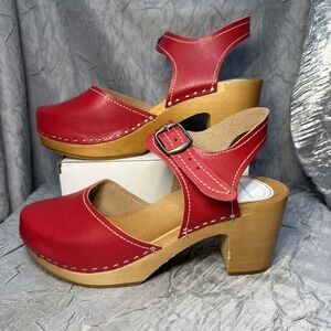 Clogsland Vegan Red leather Platform clogs Swedish Handmade wooden Sling sandals